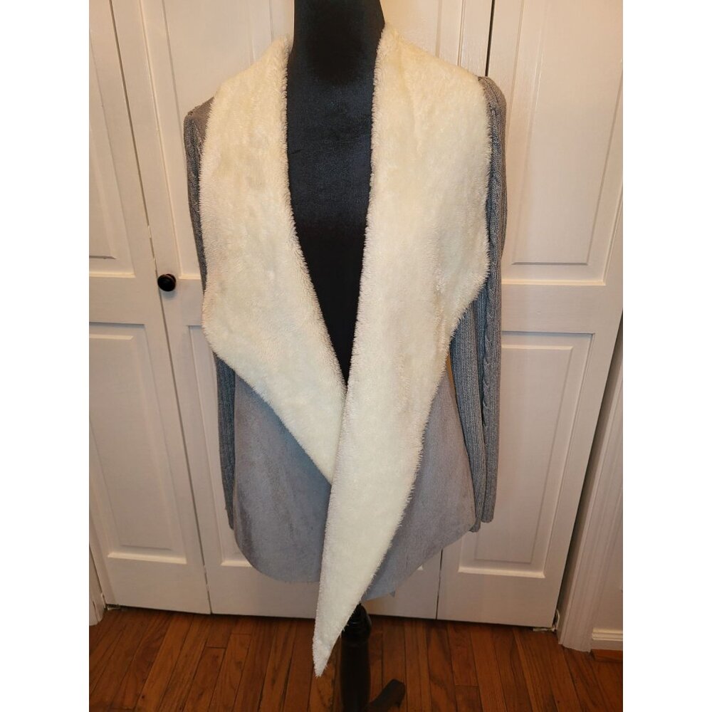 Gray Faux Suede/Faux Fur Cable Knit Ribbed Open Cardigan 16P Winter Ski Lodge - Picture 1 of 9